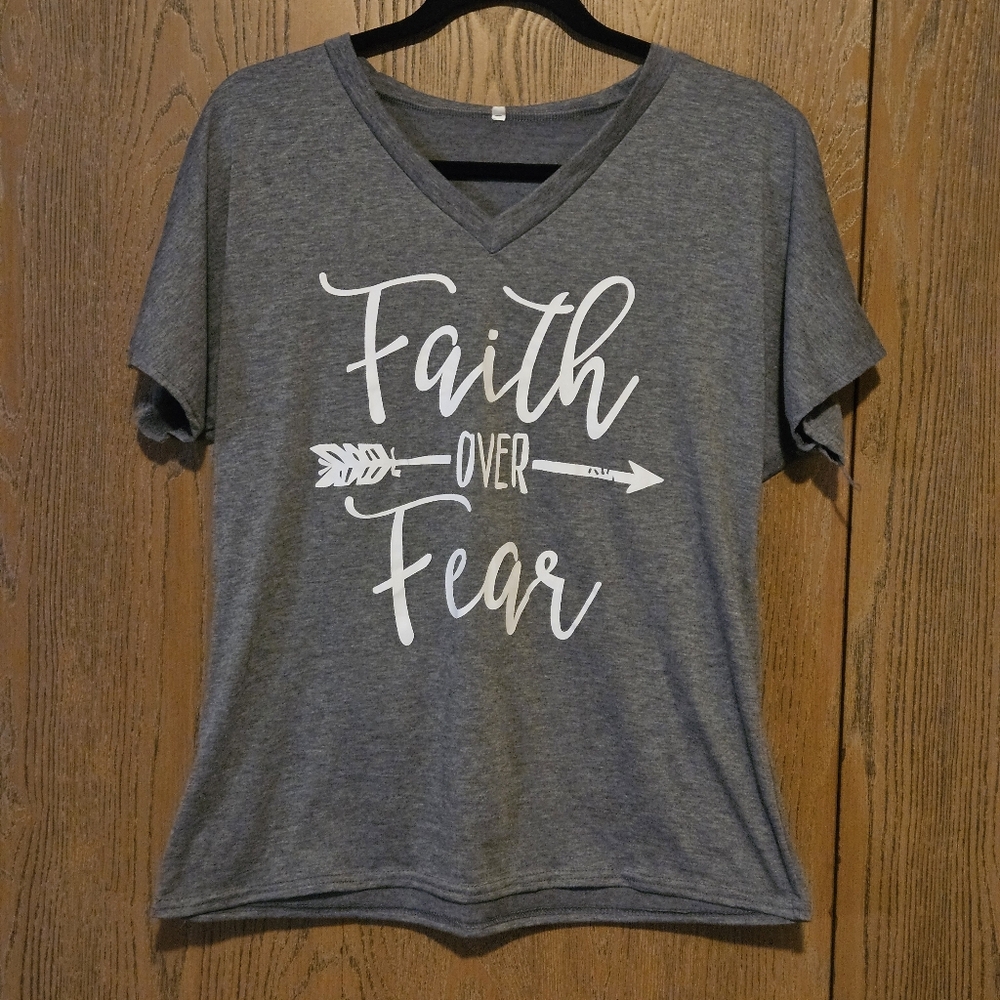Gray V-Neck T-Shirt with Faith Over Fear Print